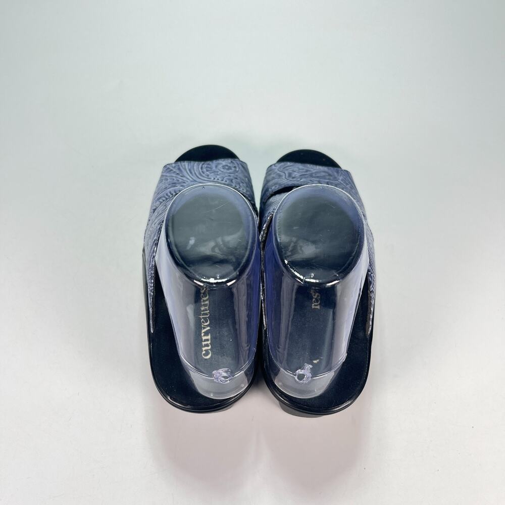 Curvetures Blue Black Leather Comfort Casual Slip On Wedge Sandals Women's Sz 8 - Picture 6 of 10